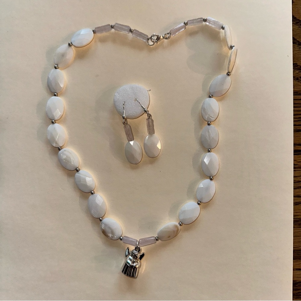 New White Bead Necklace and Earring Set with Silver Angel Charm